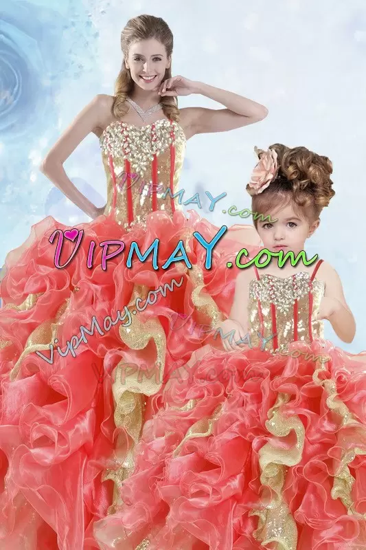 Discount Floor Length Multi-color Sweet 16 Dresses Organza Sleeveless Beading and Ruffles and Sequins