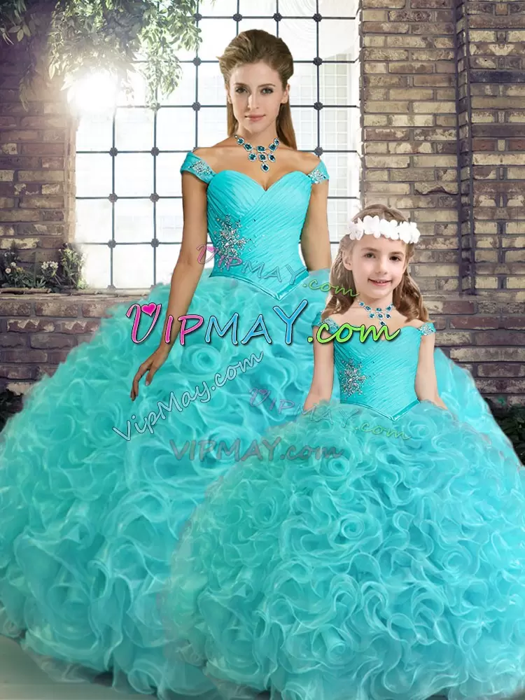 Stylish Floor Length Lace Up 15 Quinceanera Dress Aqua Blue for Military Ball and Sweet 16 and Quinceanera with Beading