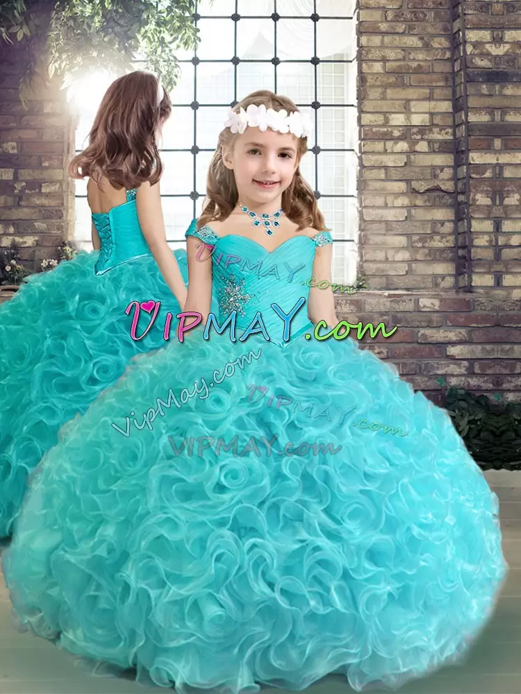 Stylish Floor Length Lace Up 15 Quinceanera Dress Aqua Blue for Military Ball and Sweet 16 and Quinceanera with Beading