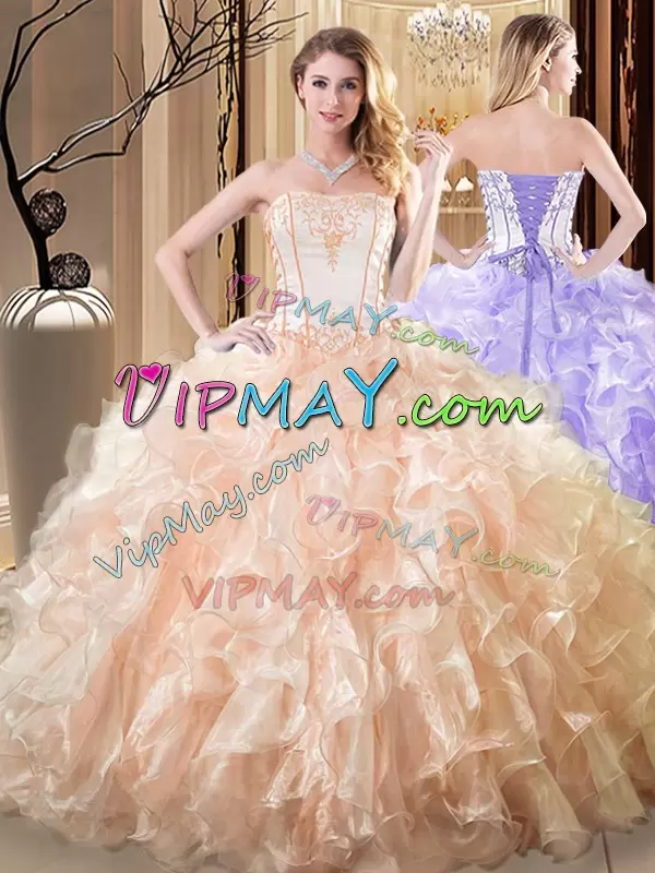 Yellow Organza Lace Up Strapless Sleeveless Floor Length Quinceanera Dresses Embroidery and Ruffles