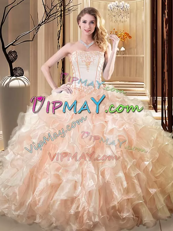 Yellow Organza Lace Up Strapless Sleeveless Floor Length Quinceanera Dresses Embroidery and Ruffles