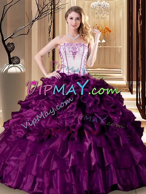 Sexy Strapless Sleeveless Quinceanera Gown Floor Length Pick Ups Purple Organza
