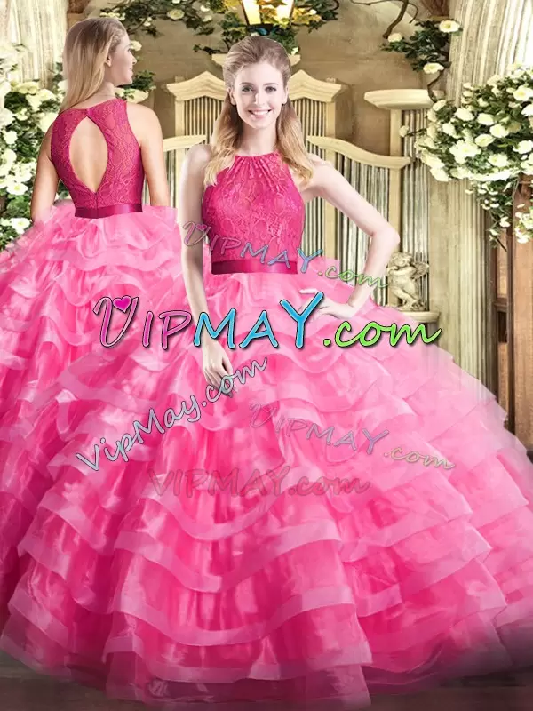 Admirable Ball Gowns Quince Ball Gowns Hot Pink Scoop Organza Sleeveless Floor Length Zipper