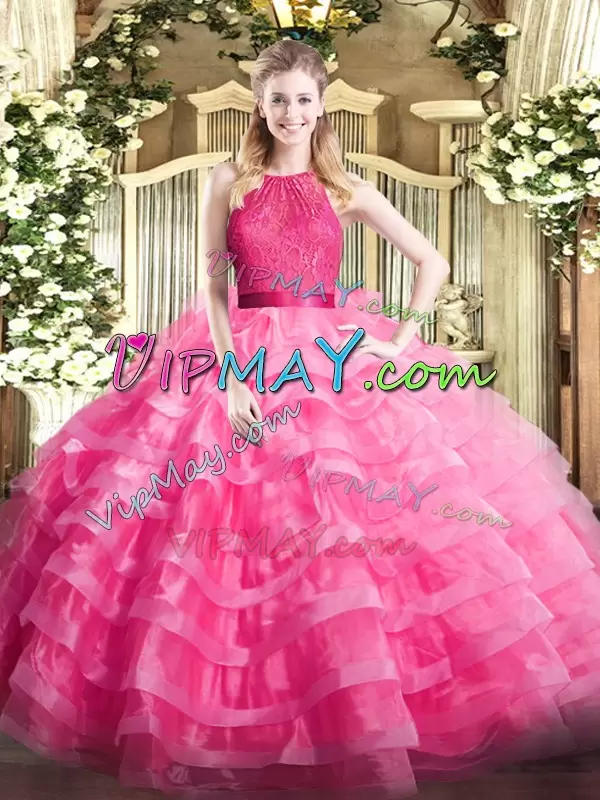 Admirable Ball Gowns Quince Ball Gowns Hot Pink Scoop Organza Sleeveless Floor Length Zipper