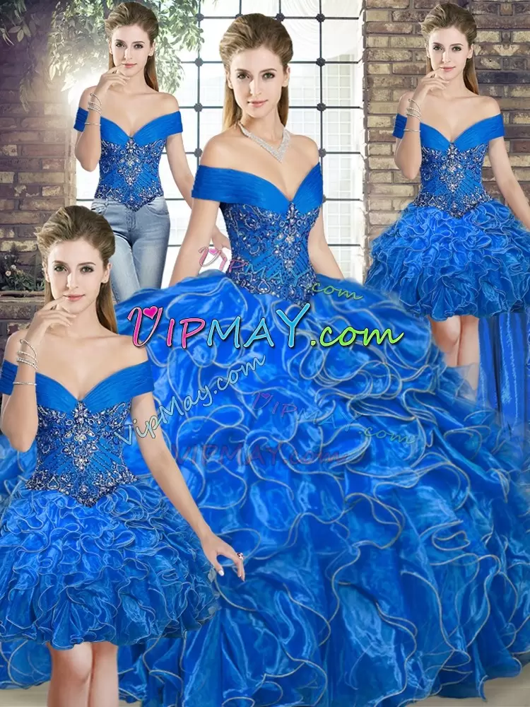 Charming Sleeveless Floor Length Beading and Ruffles Lace Up Ball Gown Prom Dress with Royal Blue