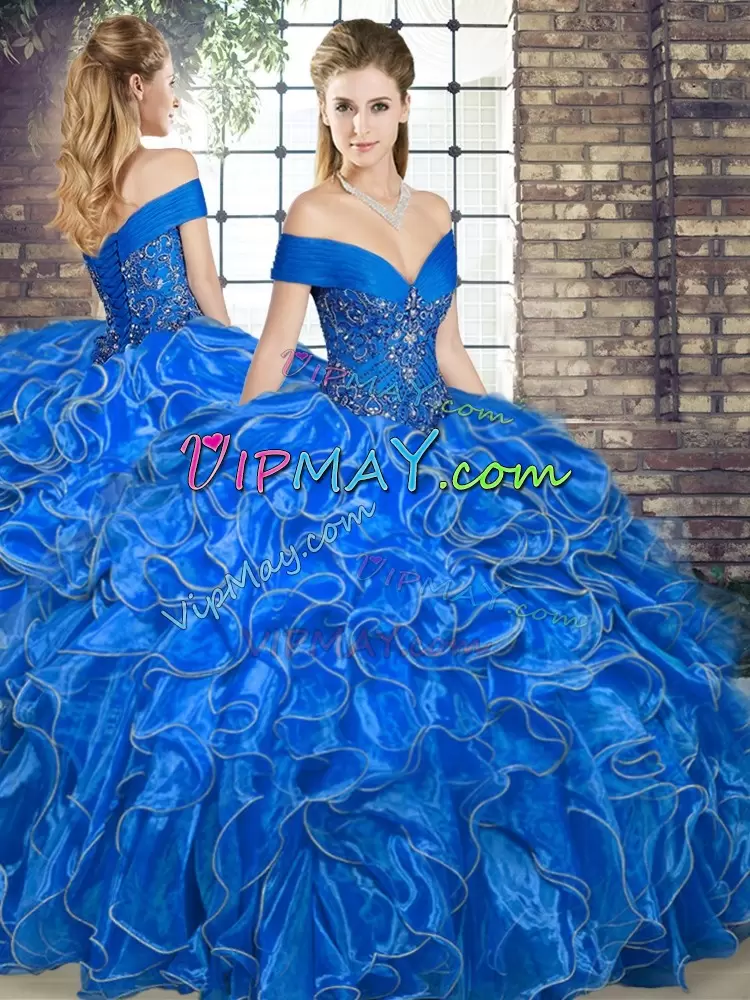 Charming Sleeveless Floor Length Beading and Ruffles Lace Up Ball Gown Prom Dress with Royal Blue