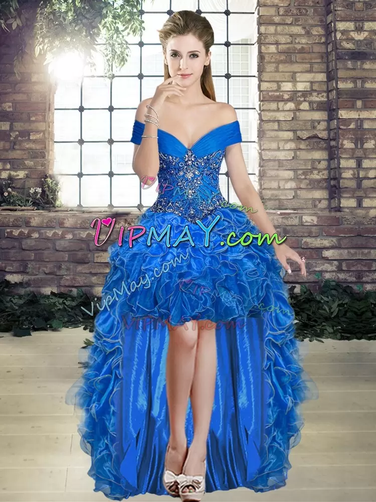 Charming Sleeveless Floor Length Beading and Ruffles Lace Up Ball Gown Prom Dress with Royal Blue