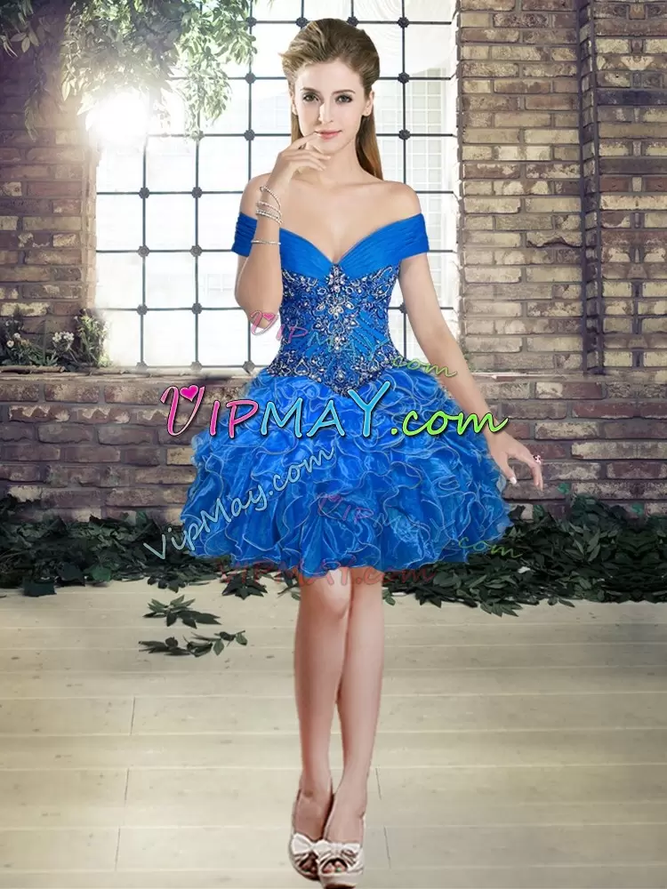 Charming Sleeveless Floor Length Beading and Ruffles Lace Up Ball Gown Prom Dress with Royal Blue