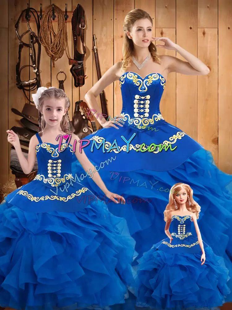 Blue Ball Gowns Embroidery Vestidos de Quinceanera Lace Up Tulle Sleeveless Floor Length