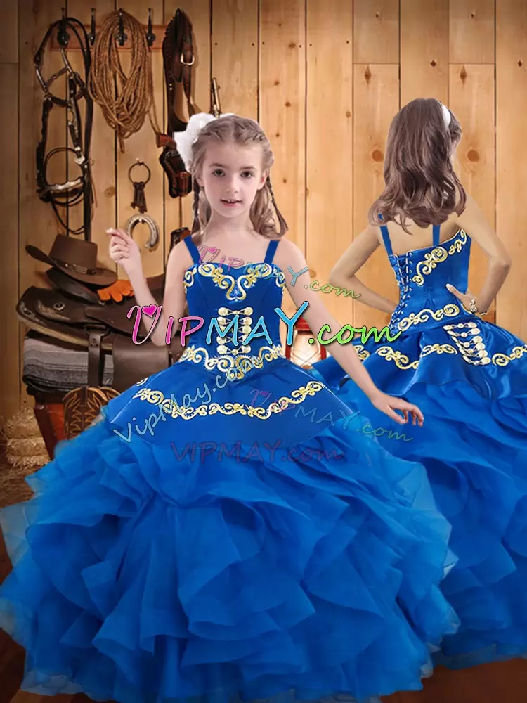 Blue Ball Gowns Embroidery Vestidos de Quinceanera Lace Up Tulle Sleeveless Floor Length