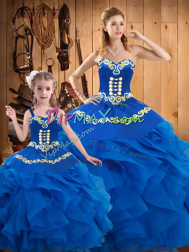 Blue Ball Gowns Embroidery Vestidos de Quinceanera Lace Up Tulle Sleeveless Floor Length