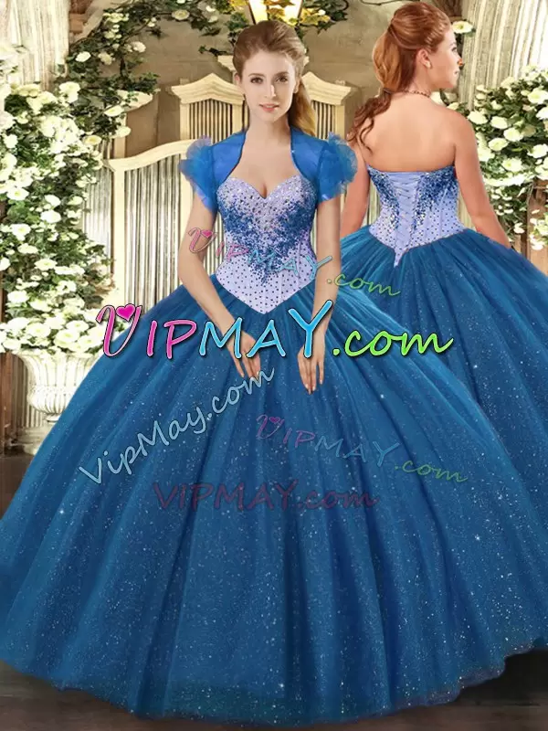 Navy Blue Quince Ball Gowns Military Ball and Sweet 16 and Quinceanera with Beading and Sequins Sweetheart Sleeveless Lace Up