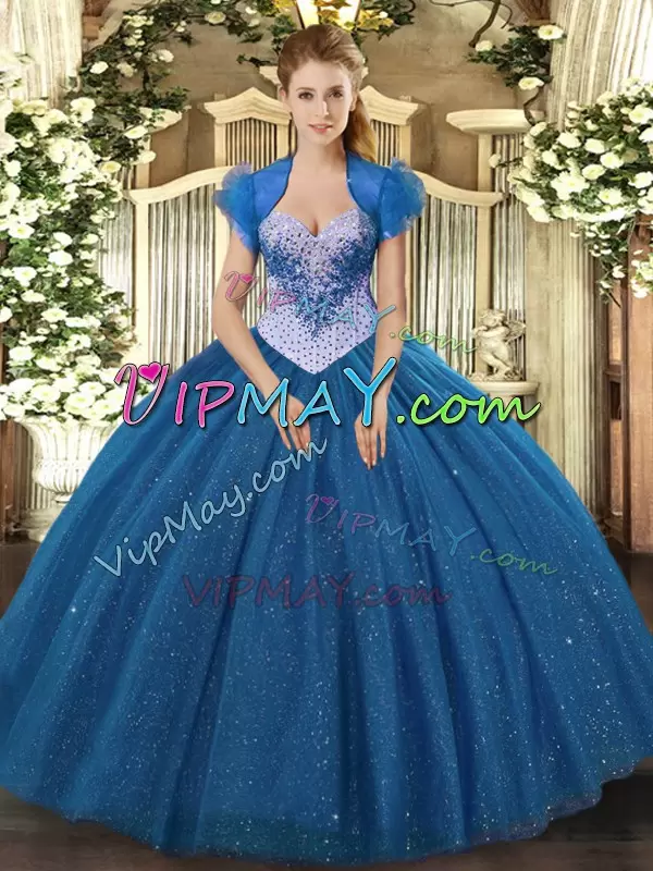 Navy Blue Quince Ball Gowns Military Ball and Sweet 16 and Quinceanera with Beading and Sequins Sweetheart Sleeveless Lace Up