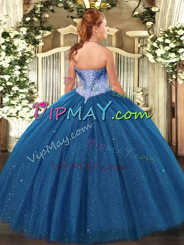 Navy Blue Quince Ball Gowns Military Ball and Sweet 16 and Quinceanera with Beading and Sequins Sweetheart Sleeveless Lace Up