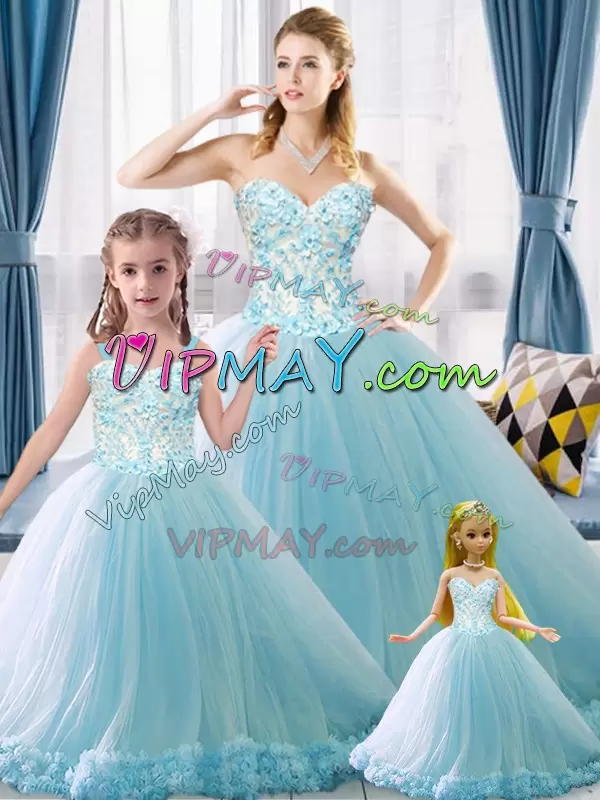 Tulle Sweetheart Sleeveless Brush Train Lace Up Appliques 15th Birthday Dress in Light Blue