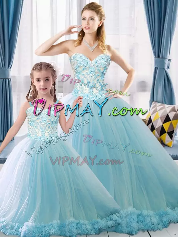 Tulle Sweetheart Sleeveless Brush Train Lace Up Appliques 15th Birthday Dress in Light Blue