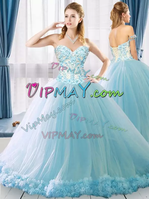 Tulle Sweetheart Sleeveless Brush Train Lace Up Appliques 15th Birthday Dress in Light Blue