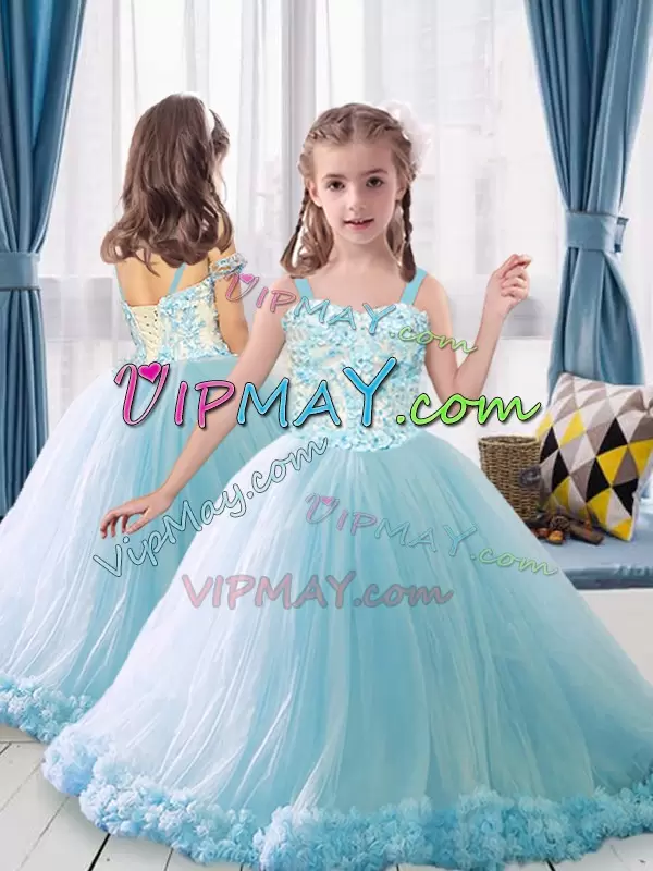 Tulle Sweetheart Sleeveless Brush Train Lace Up Appliques 15th Birthday Dress in Light Blue