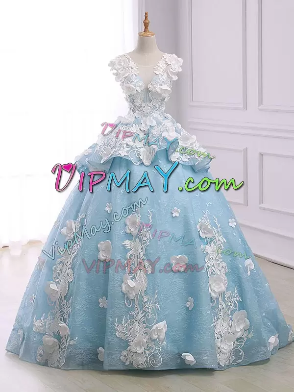 Vintage Organza Scoop Sleeveless Court Train Lace Up Appliques 15 Quinceanera Dress in Light Blue