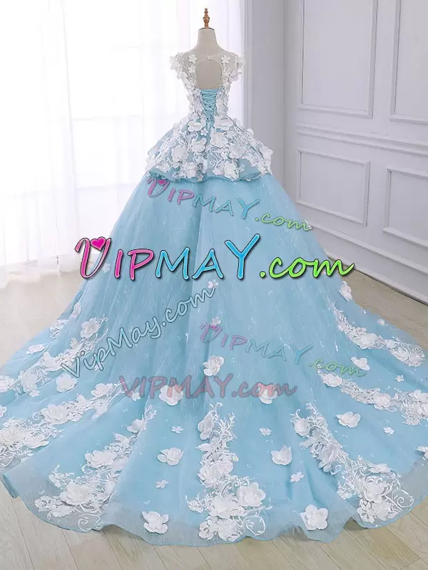 Vintage Organza Scoop Sleeveless Court Train Lace Up Appliques 15 Quinceanera Dress in Light Blue