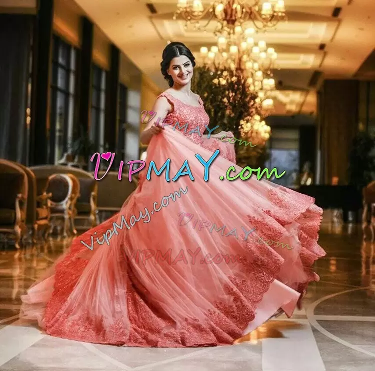 New Arrival Pink Scoop Lace Up Beading and Lace and Appliques Sweet 16 Quinceanera Dress Sweep Train Sleeveless