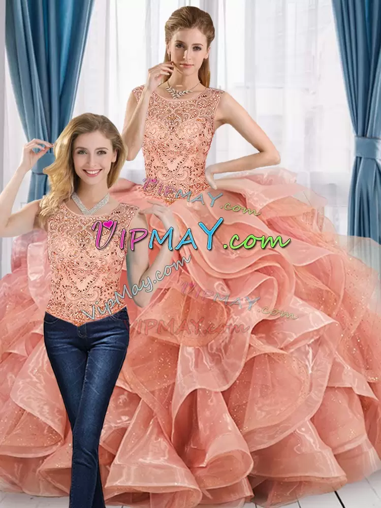 Scoop Sleeveless Vestidos de Quinceanera Peach Organza Beading