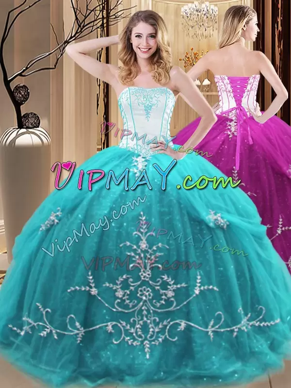 Designer Aqua Blue Lace Up Strapless Embroidery Ball Gown Prom Dress Tulle Sleeveless