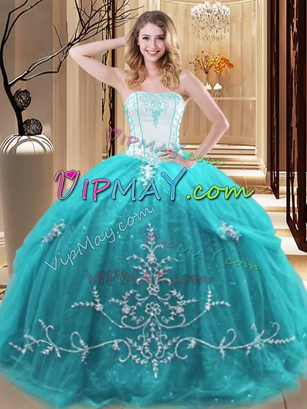 Designer Aqua Blue Lace Up Strapless Embroidery Ball Gown Prom Dress Tulle Sleeveless