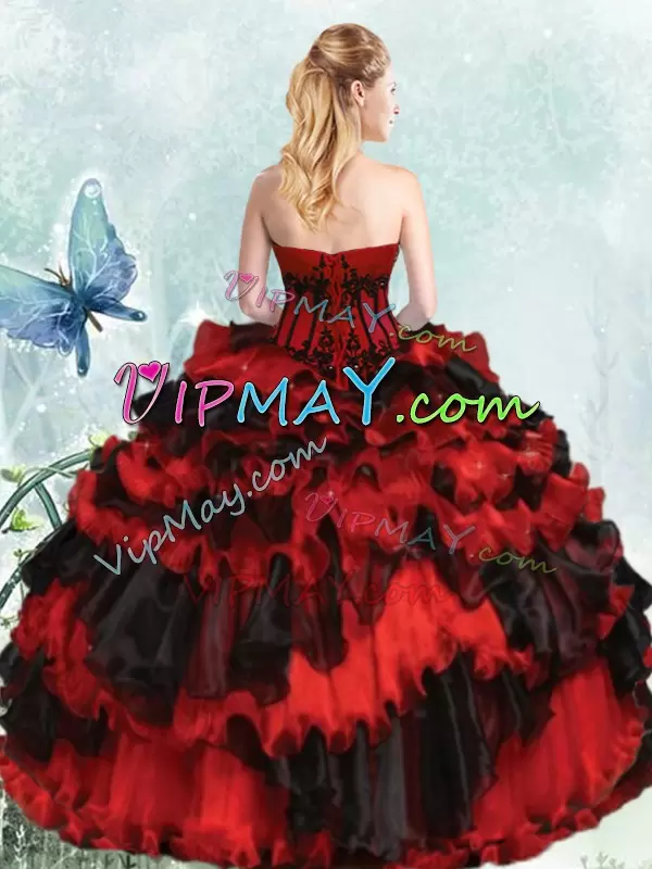 Red And Black Strapless Lace Up Appliques and Ruffled Layers Sweet 16 Dresses Sleeveless