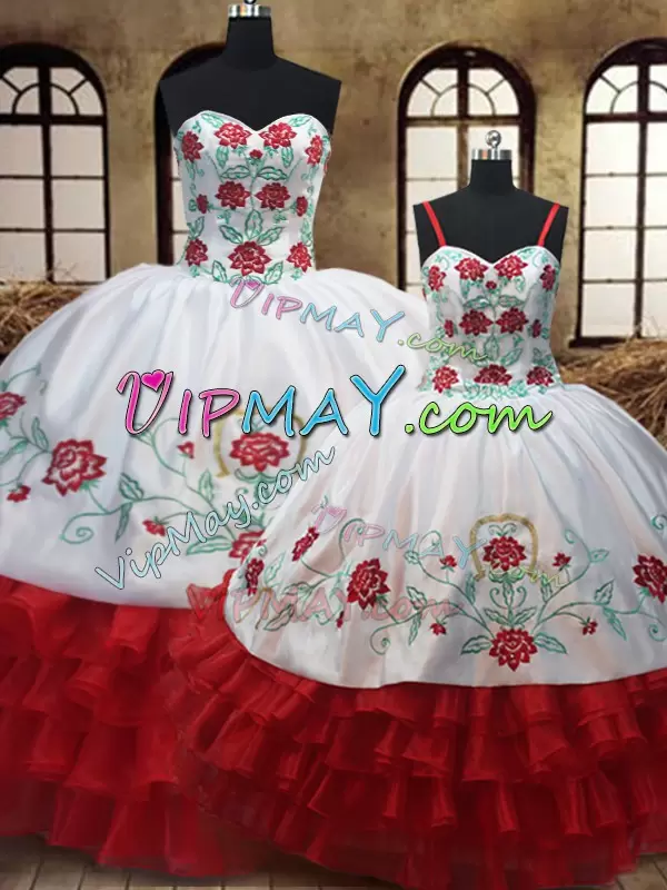 Charming Sleeveless Floor Length Embroidery and Ruffled Layers Lace Up 15th Birthday Dress with White And Red