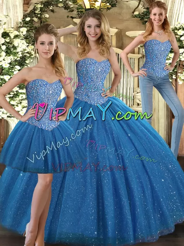 Sleeveless Floor Length Beading Lace Up 15 Quinceanera Dress with Teal