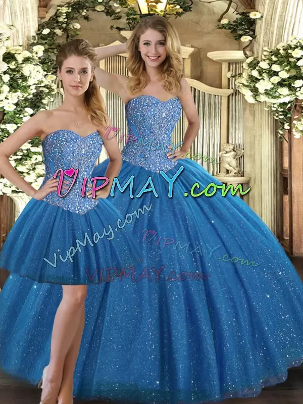 Sleeveless Floor Length Beading Lace Up 15 Quinceanera Dress with Teal