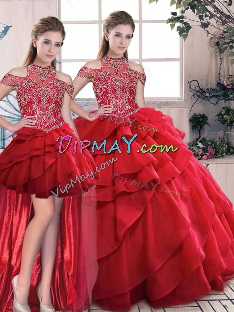 Cheap Sleeveless Beading and Ruffles Lace Up 15th Birthday Dress with Red