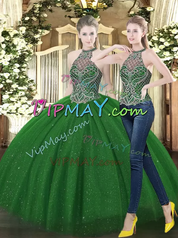 Free and Easy Beading Ball Gown Prom Dress Dark Green Lace Up Sleeveless Floor Length