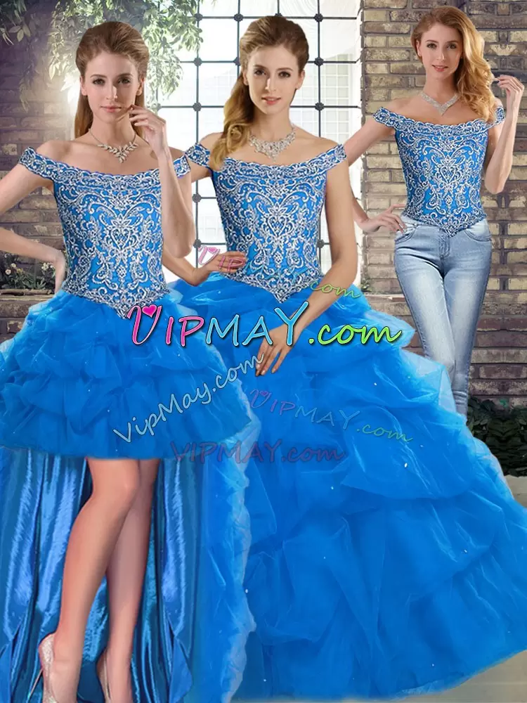 Cute Blue Quinceanera Gown Tulle Brush Train Sleeveless Beading and Pick Ups