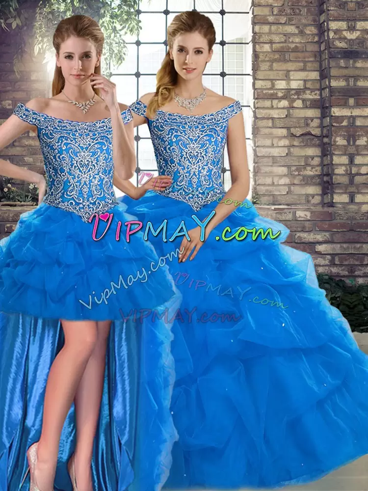 Cute Blue Quinceanera Gown Tulle Brush Train Sleeveless Beading and Pick Ups