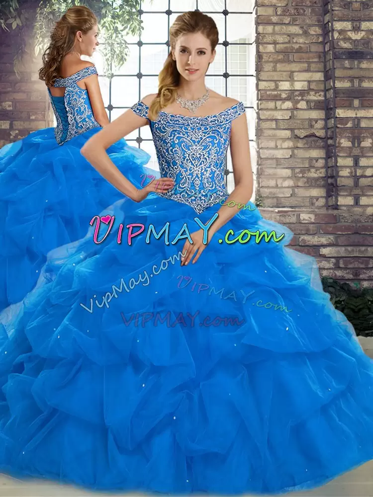 Cute Blue Quinceanera Gown Tulle Brush Train Sleeveless Beading and Pick Ups