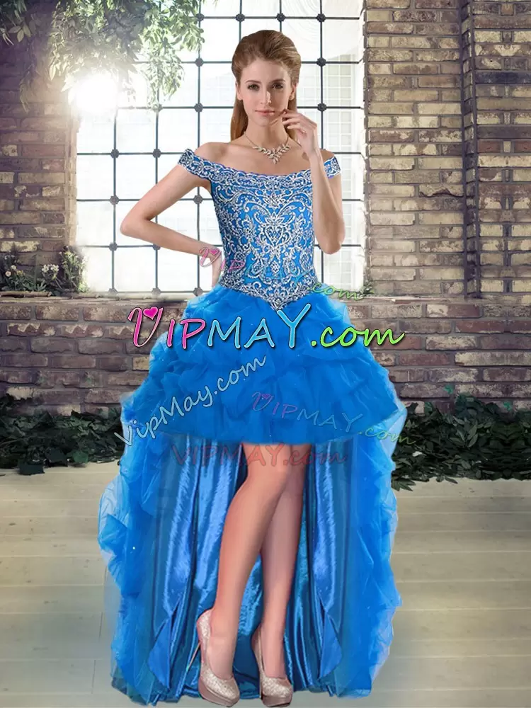 Cute Blue Quinceanera Gown Tulle Brush Train Sleeveless Beading and Pick Ups