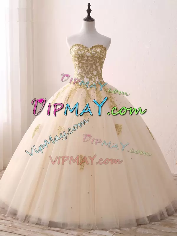 Tulle Sweetheart Sleeveless Lace Up Beading and Lace and Appliques Quinceanera Dress in Champagne