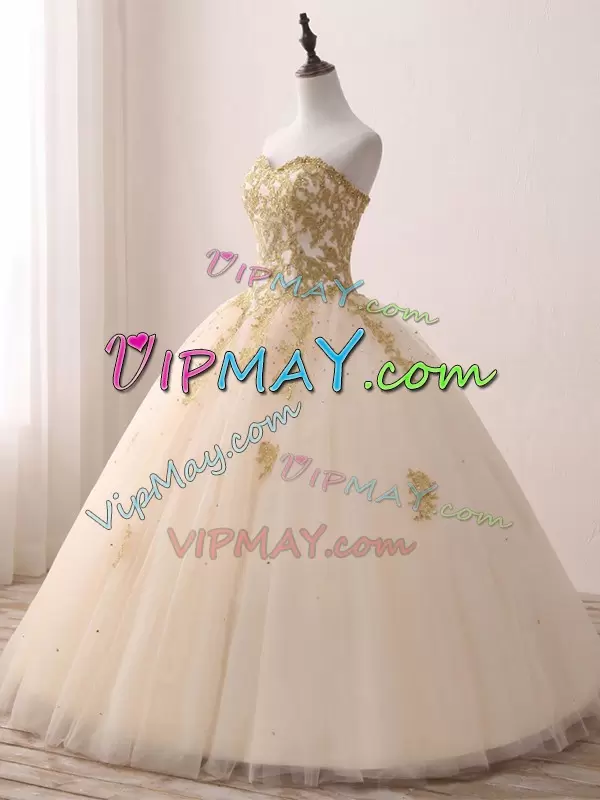 Tulle Sweetheart Sleeveless Lace Up Beading and Lace and Appliques Quinceanera Dress in Champagne