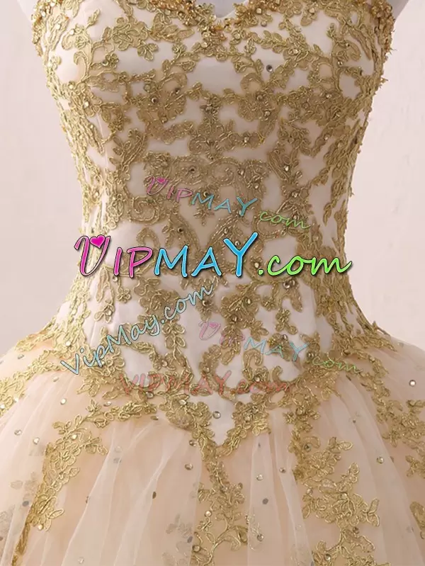 Tulle Sweetheart Sleeveless Lace Up Beading and Lace and Appliques Quinceanera Dress in Champagne