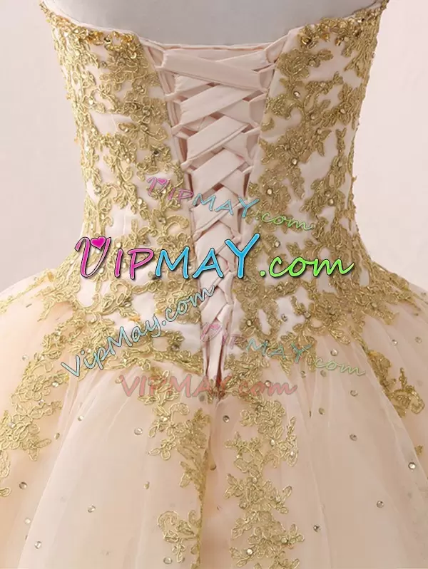 Tulle Sweetheart Sleeveless Lace Up Beading and Lace and Appliques Quinceanera Dress in Champagne