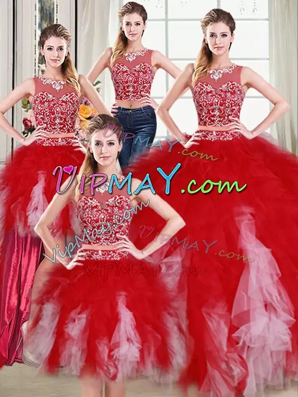 White and Red Tulle Zipper Scoop Sleeveless Floor Length Sweet 16 Quinceanera Dress Beading and Ruffles