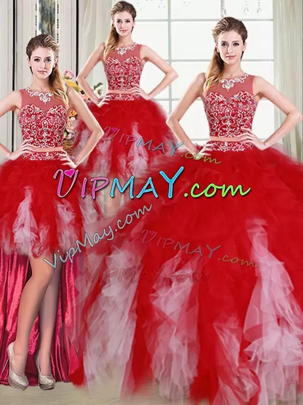 White and Red Tulle Zipper Scoop Sleeveless Floor Length Sweet 16 Quinceanera Dress Beading and Ruffles