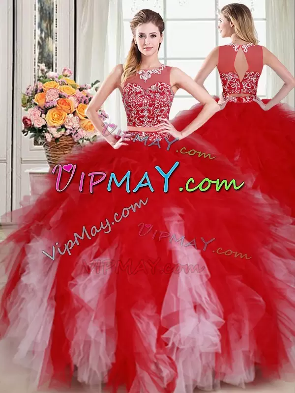 White and Red Tulle Zipper Scoop Sleeveless Floor Length Sweet 16 Quinceanera Dress Beading and Ruffles