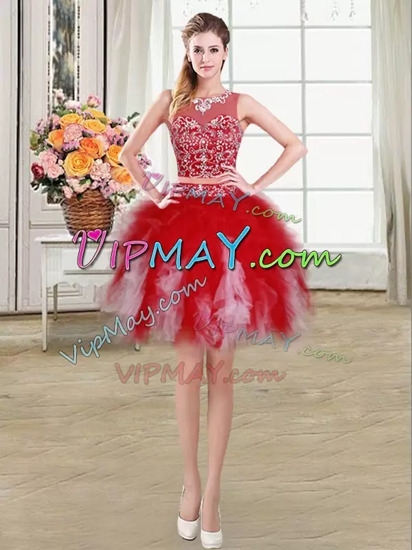 White and Red Tulle Zipper Scoop Sleeveless Floor Length Sweet 16 Quinceanera Dress Beading and Ruffles