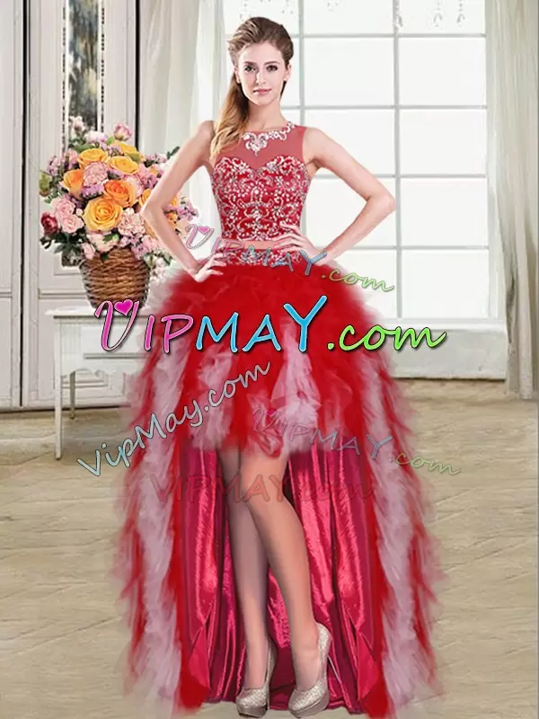 White and Red Tulle Zipper Scoop Sleeveless Floor Length Sweet 16 Quinceanera Dress Beading and Ruffles