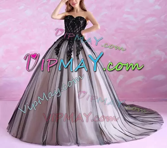 Two Tone Black Lace and Appliques Quinceanera Dress with Chapel Train