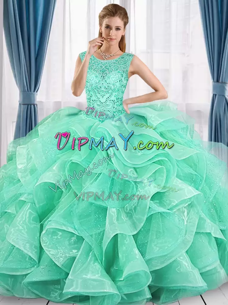 Apple Green Ball Gowns Organza and Tulle Scoop Sleeveless Beading Floor Length Lace Up Quinceanera Gowns
