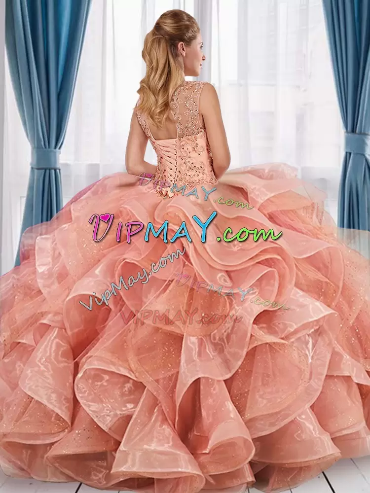 Apple Green Ball Gowns Organza and Tulle Scoop Sleeveless Beading Floor Length Lace Up Quinceanera Gowns